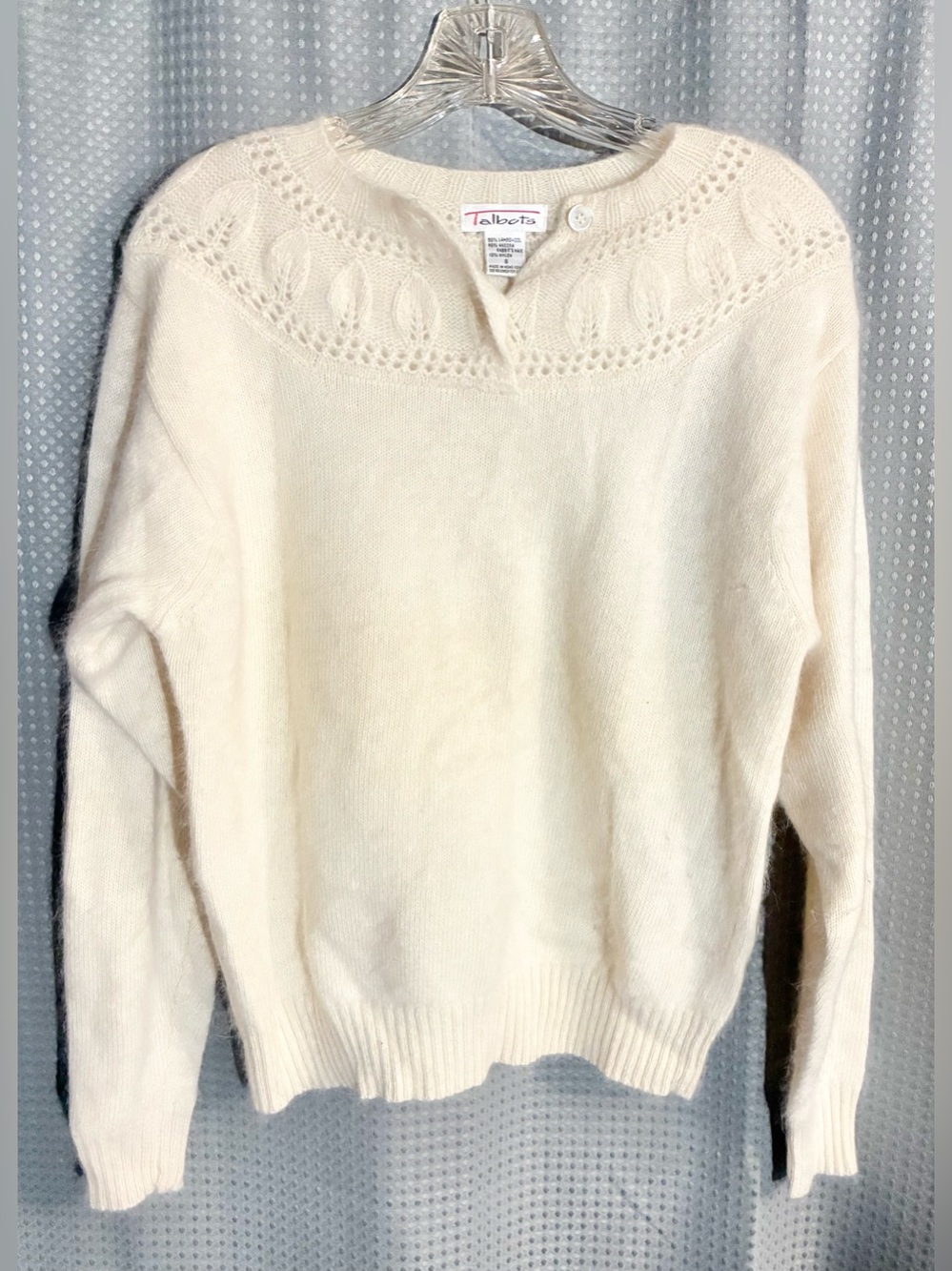 Talbots Sz S Lambswool Angora Ivory Cream Sweater Leaf Relief Vintage Hong Kong